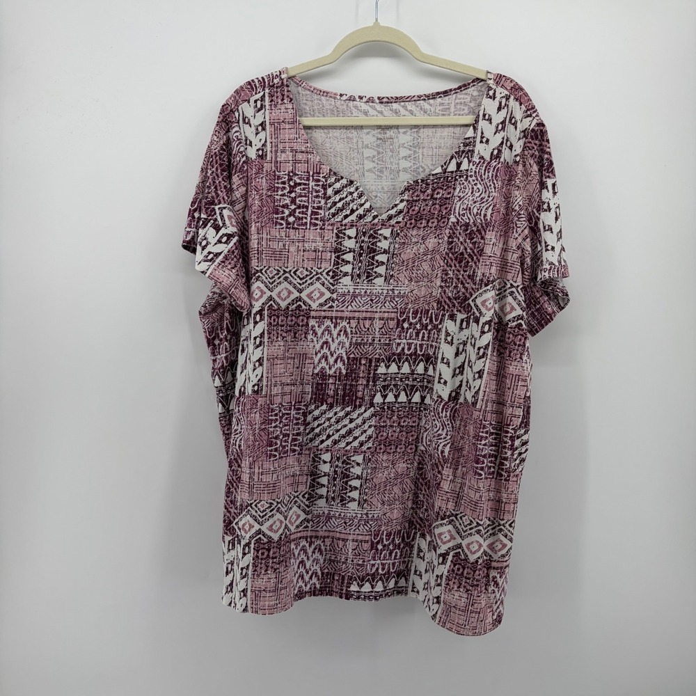 Woman Within Womens 2X Purple Geometric Patchwork Short Sleeve Notch Neck Top
